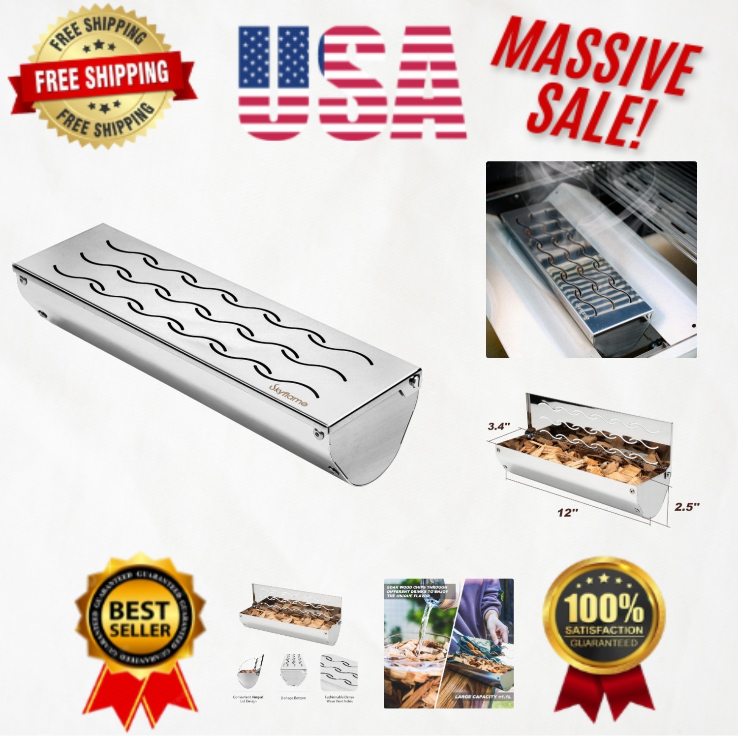 Hinged Lid Stainless Steel Smoker Box with Wavy Vents | Perf