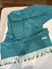 Teal Silk And Pashmina Shawl Wrap Scarf With Fringe