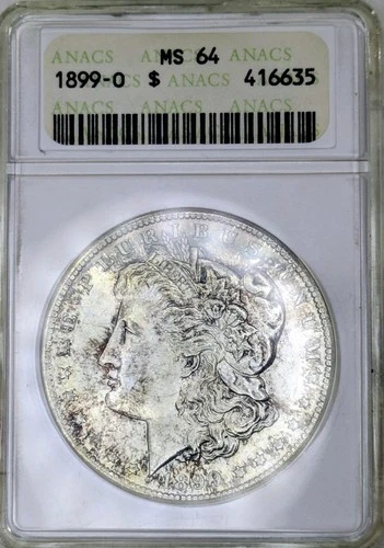 1899-O Morgan Dollar $1 ANACS MS64 Soapbox Old Holder Slight Rainbow Toned