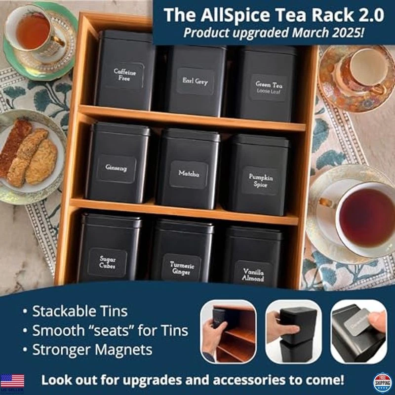 Rack organizador de chá AllSpice com 9 latas e 160 etiquetas magnéticas – Perfeito para - Imagem 2 de 4