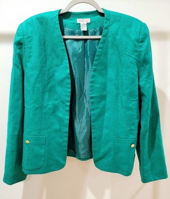 VIBRANT Talbots Open-Style Blazer Linen Pockets Gold Buttons Emerald Green Sz 16