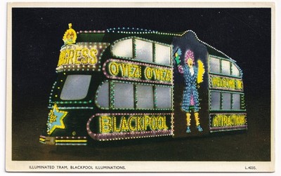 Blackpool Illuminations Fortschritt beleuchtete Straßenbahn Valchrome Postkarte