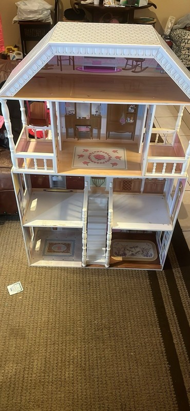 White Pink 3-Story Wooden Dollhouse 1:12 Scale 6 Rooms Staircase Unfurnished