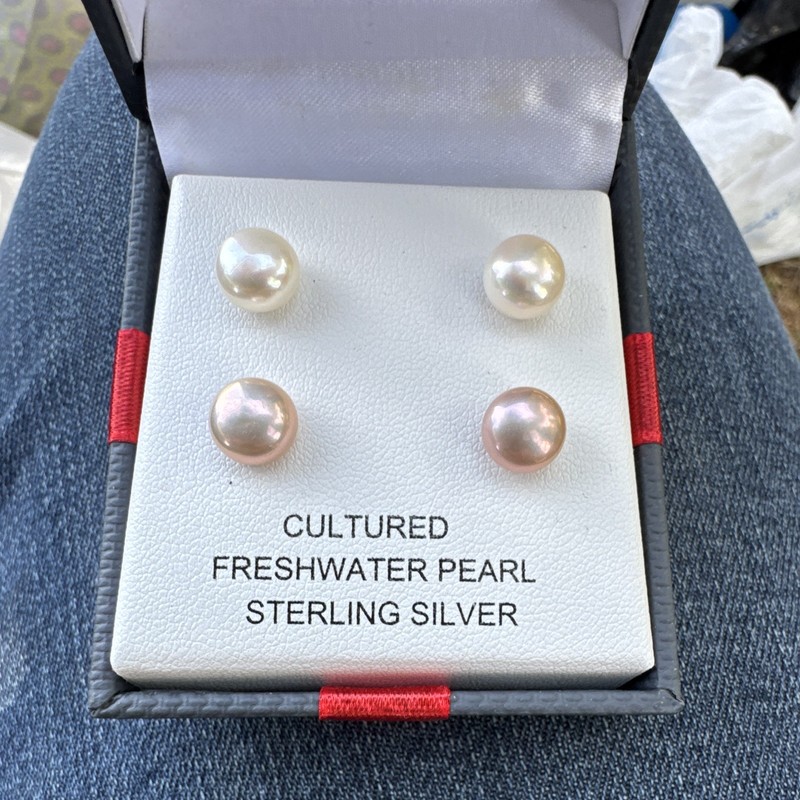 Cultured Freshwater Pearl 925 Sterling Silver Stud Earrings 2 Pair Pink/White