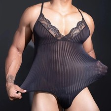 Body uomo sexy profondo scollo a V pizzo taglio alto pezzo unico perizoma modellante