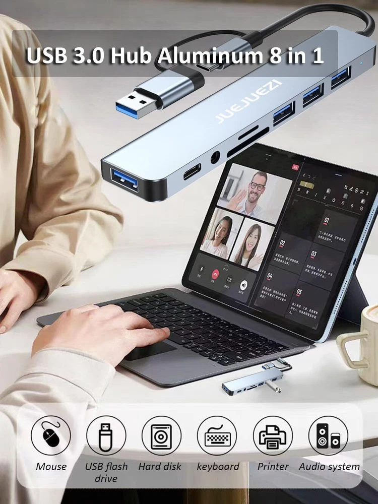 Usb Hub 3.0 Multiport Adapter 8 Port Aluminum Usb & Usb C Hub 3.0 Expander Split
