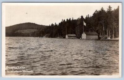 1922 RPPC CASPIAN LAKE GREENSBORO VERMONT AMERICAN FLAG BOATHOUSES POSTCARD
