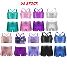 Girls Ballet Dance Outfits Shiny Tank Top Bottoms Set Swimwear Bathing Suit
