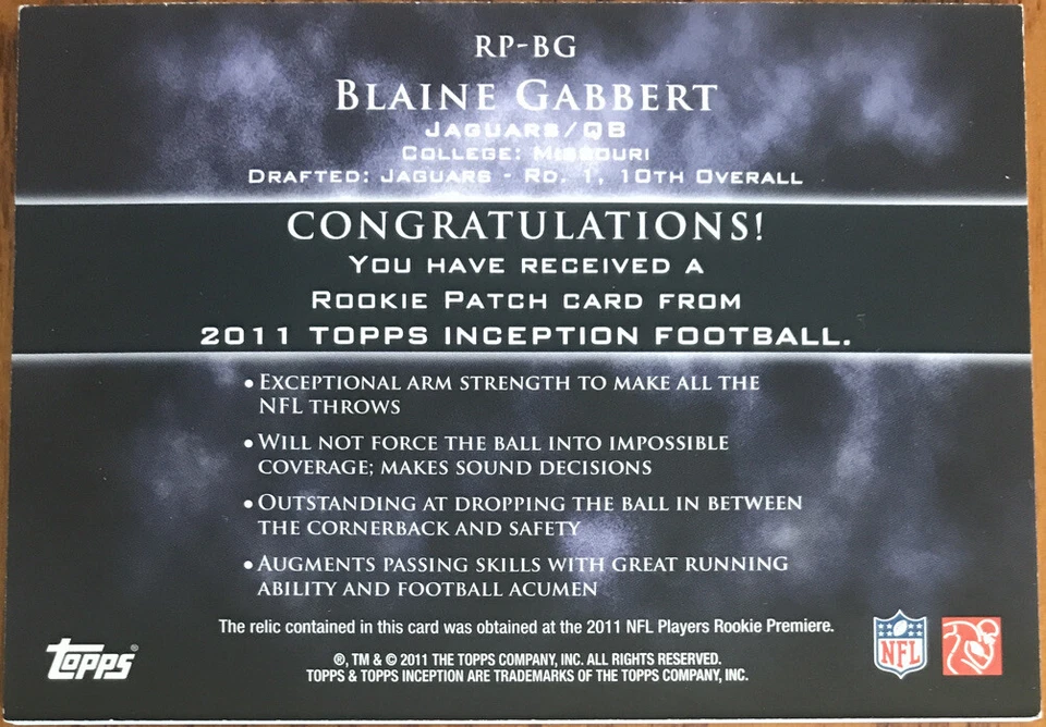 2011 Topps Inception Rookie Relics Jumbo Swatch Blaine Gabbert RP-BG #’d 087/158 - Image 2 of 2