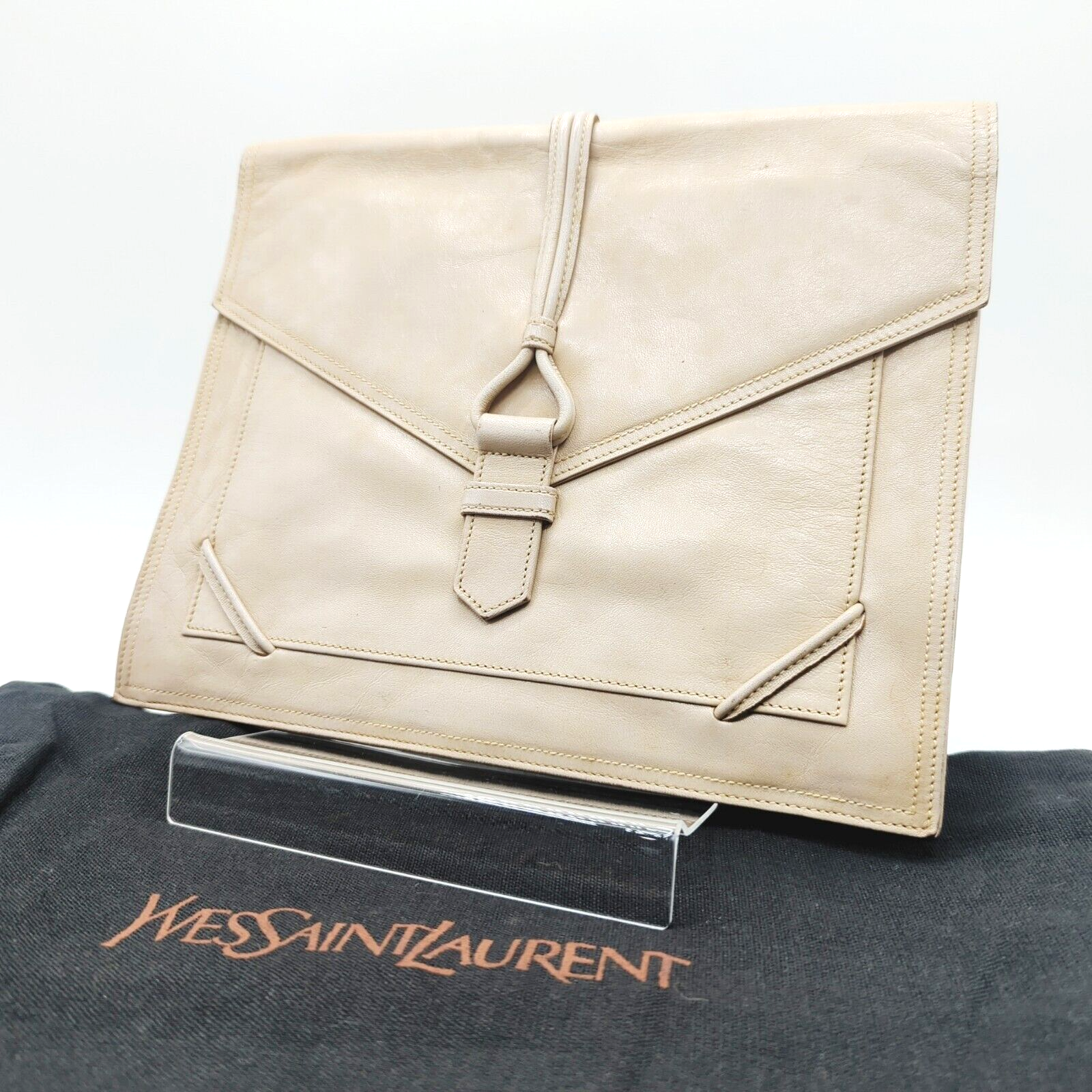 Rara pochette Yves Saint Laurent beige vintage in pelle YSL con dust bag #239