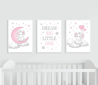 Elefant Kinderzimmer Drucke, 3er Set, rosa und grau, Dream Big Baby Mädchen Mond