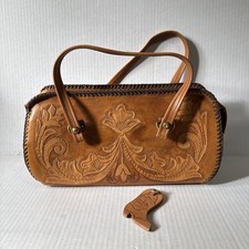 VTG Hand Tooled Leather Bag Brown Floral Boho Western Whipstitch 70s Key Fob