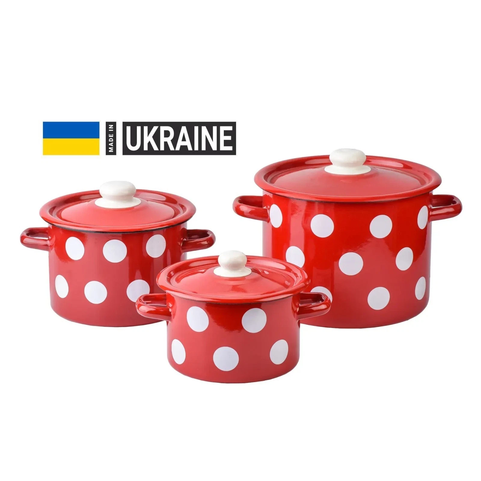 Red Polka Dot Enamel Stockpot Set Vintage Cooking Pot SET OF 3 Made in Ukraine
