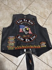 Men's Black Genuine Leather Motorcycle Biker Vest Live to Ride Patches Size 58