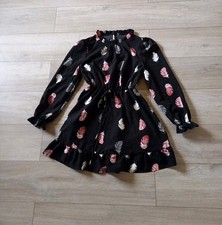 Shein Black Leaf Print Flared Dress Frill High Neck Long Sleeves Boho Retro UK8