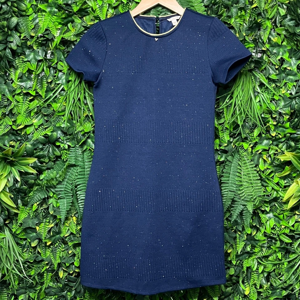 Guess Kids Girls Dress Size 12 Navy Glitter Sparkle Short Sleeve Knit 3268 - Image 2 of 4