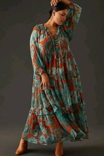 NWT Anthropologie The Marais in Brown Teal Floral Print Chiffon Maxi Dress 1X