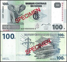 Congo Democratic Republic 100 Francs, 2007, P-98as, UNC, Specimen