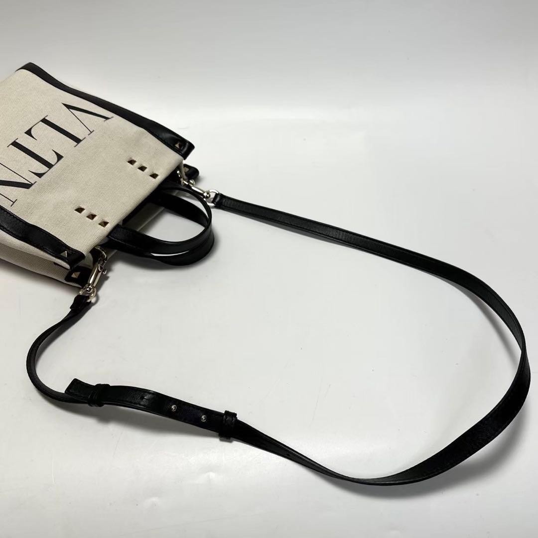 VALENTINO Women Studded 2Way Shoulder Hand bag Canvas Leather Gray Black thumbnail 19