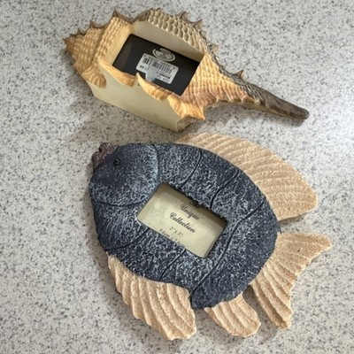 Unique Fish Shaped Resin Photo Frames Set of 2, Gray Beige, Lodge Decor, 7 in