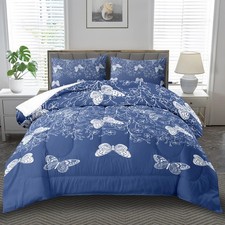 Butterfly Blue Comforter Set Full,Blue Floral Bedding Set for Girls,Vintage F...