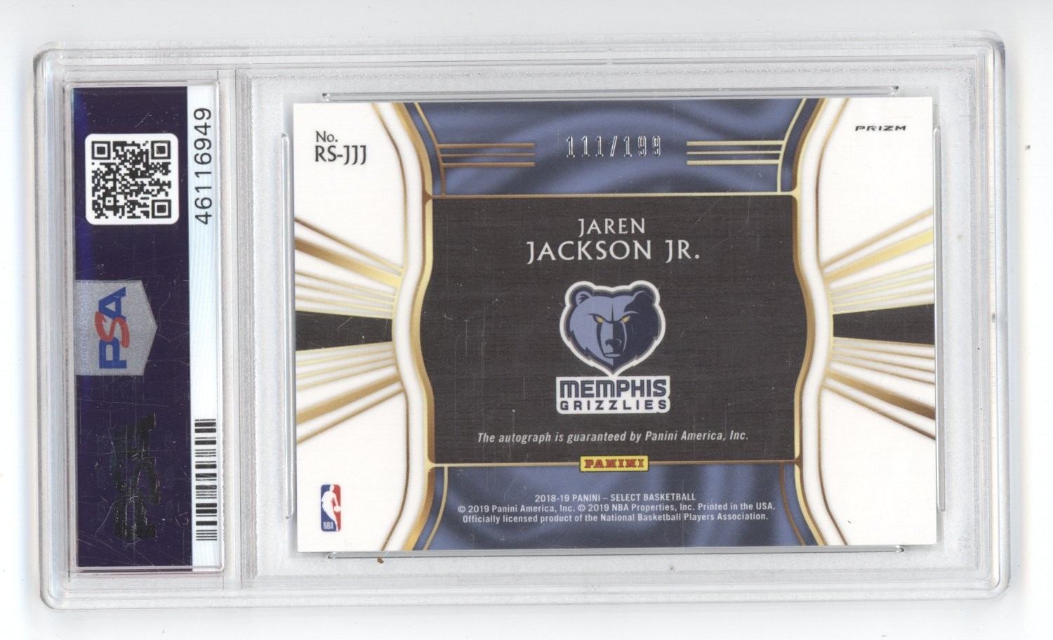 JAREN JACKSON 2018-19 SELECT ROOKIE SIGNATURES AUTO /199 PSA 10 Q1887 view 2