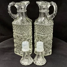Vintage Vinegar And Oil Cruets Wexford Anchor Hocking Clear Pressed Glass set 2