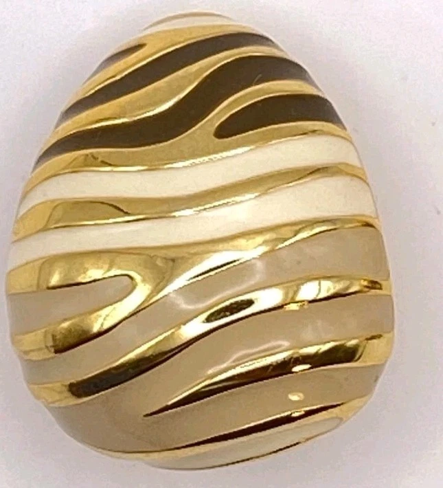 Pendientes Esmaltados Vintage JOAN RIVERS Rayas Cebra Beige Negro Tono Dorado Clip On Foto 3 de 4