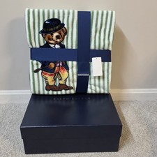 Ralph Lauren Polo Bear Throw Blanket 50x70 Green Stripe Teddy Bear NWT Gift Box