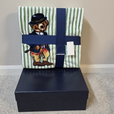 Ralph Lauren Polo Bear Throw Blanket 50x70 Green Stripe Teddy Bear NWT Gift Box