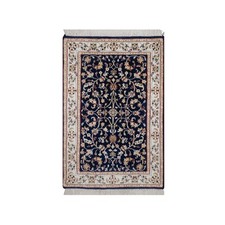 2'1"x3'3" Midnight Blue Nain with Flower Design Wool & Silk Hand Knotted Mat Rug