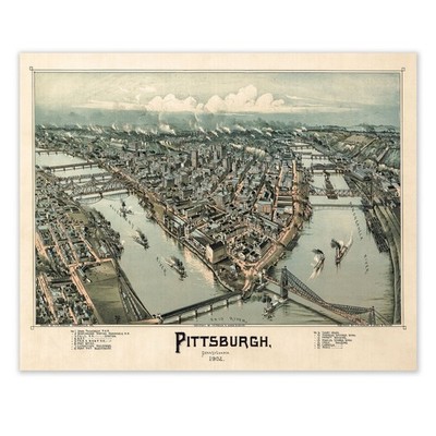Pittsburgh Pennsylvania 1902 Birdseye View Map Historic City River Bridge Print