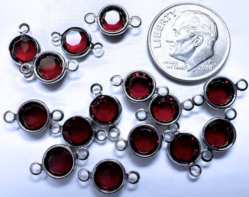 12 Silver Rhodium Plated Brass 6.14-6.32mm Links w/ Swarovski Siam Red Crystals* - Picture 2 of 2
