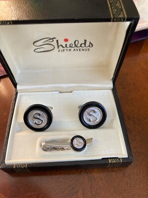 Vintage Shields Fifth Avenue Cuff Links + Tie Bar  Boxed Set Monogramed S