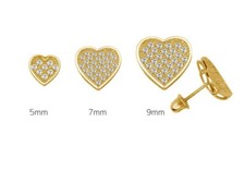 14K Solid Gold Heart Pave Screw Back Stud Earrings Set With Sparkling CZ Stones