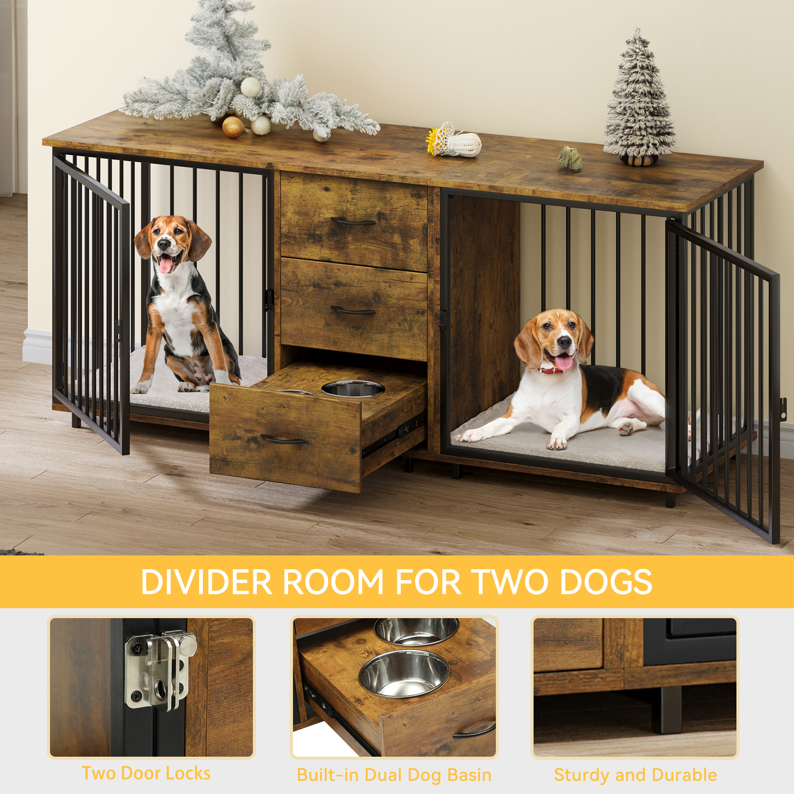 74" Large Double Dog Crate Furniture Indoor Wooden Dog Kennel crate TV Stand