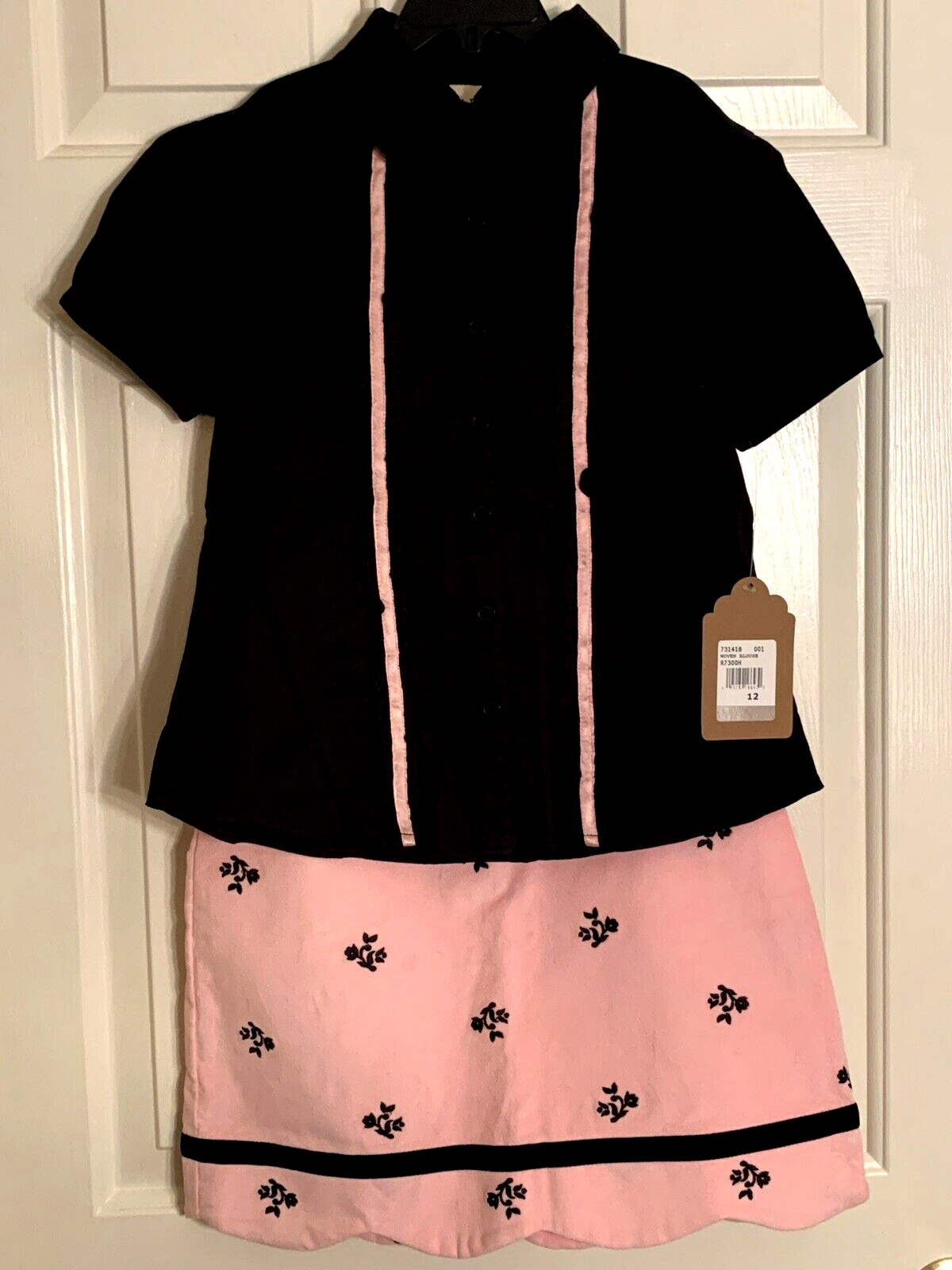 KC Parker Hartstrings Skirt Blouse Top 2pc Black Pink Ruffle Girls Sz