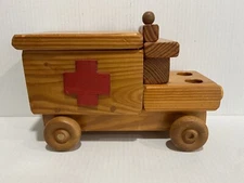 Vintage Large Handcrafted Wooden Ambulance Toy 10”x6.5”