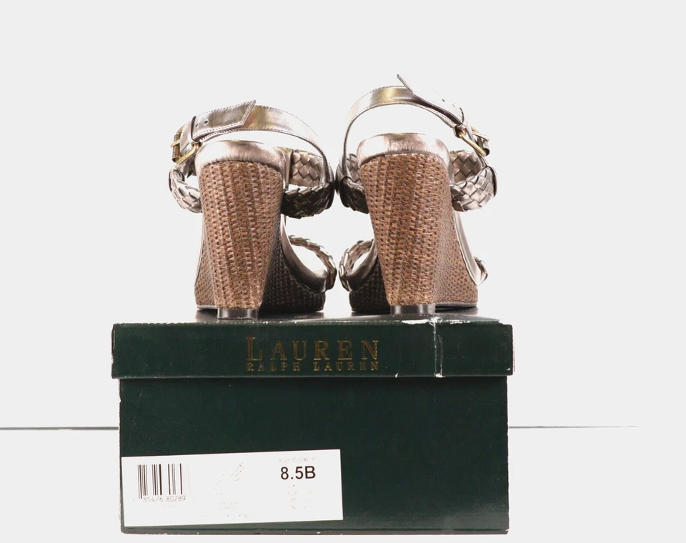 Lauren RALPH LAUREN Platform Wedge Sandal 8.5 Silver Metallic Woven Leather - Imagem 3 de 4