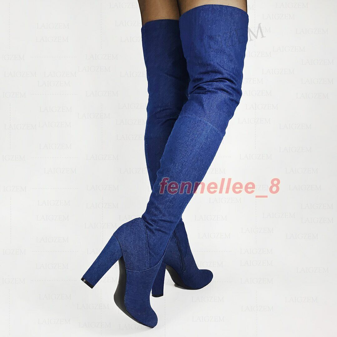 Women Thigh High Boots Denim Block High Heels Over Knee