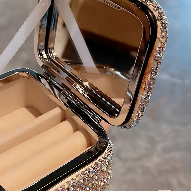 Sparkling Diamond-Encrusted Portable Jewelry Box with Mirror