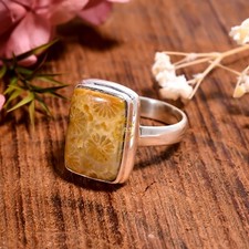 Natural Fossil Coral Gemstone Ring 925 Sterling Silver Boho Rings Gift for Her