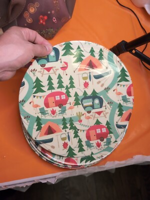 Summer Camping Trailer Outdoor Woodlands 10.5in Melamine  Dinner Plates Set of 4