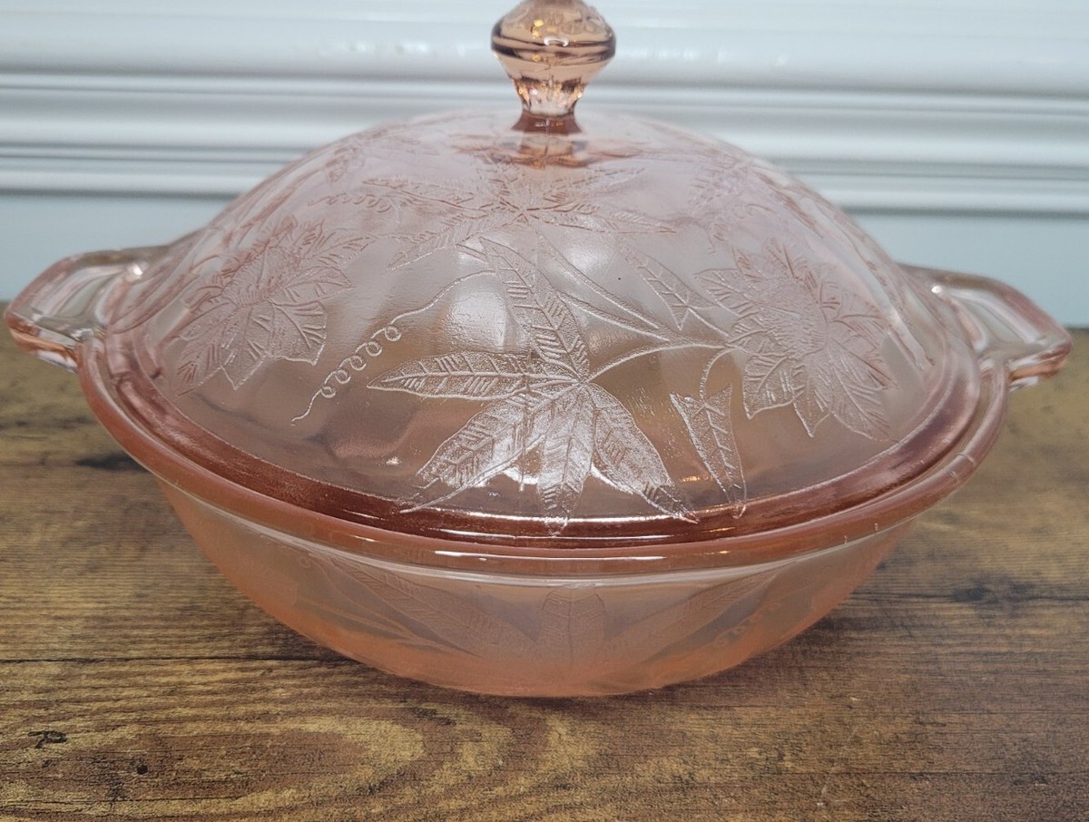 Vintage Jeannette Floral Poinsettia Pink Depression Glass  Vintage Pink Depression Glass Covered Serving Bowl-Jeannette Glass-Pointsetta main image 1
