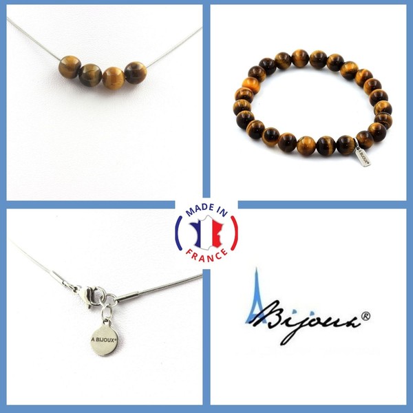 Steine Und Mineralien. Schmuckset Armband Halskette 4 Perlen Tigerauge 8 Mm-image