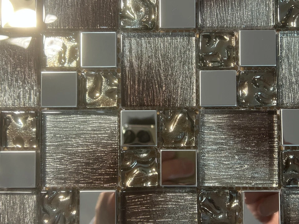 NY46 Silver Brown Gradient Glass/Metal Square Mosaic Tile Kitchen Bathroom 7 pcs - Image 2 of 4