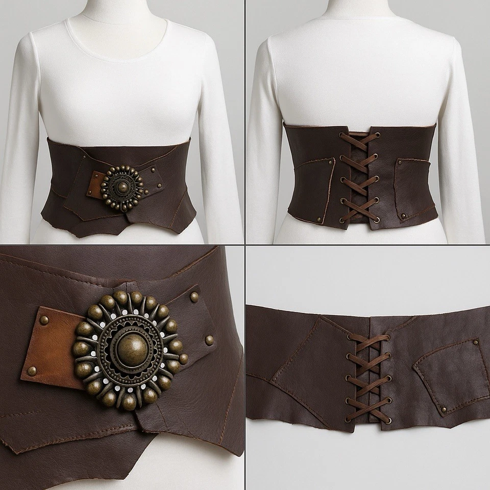 Cinturón corsé steampunk. Cuero genuino de grano superior hecho a mano con hebilla de medallón Foto 2 de 4