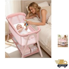 Baby Bassinet Bedside Sleeper Cotton Metal Wheels Mesh Storage Pink