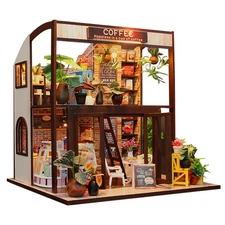 DIY Diorama Dollhouse Set LED Lighting Miniature Coffee Shop Model Creative Gift