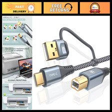 2-in-1 USB-A/C to USB-B Printer Cable 6.6FT, Braided High Speed for HP, Canon, D